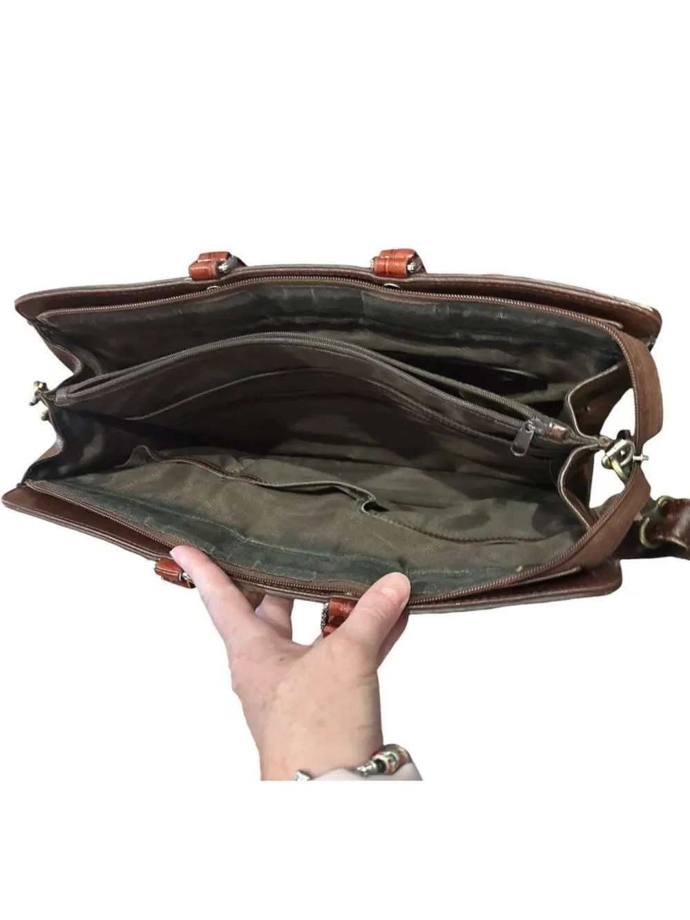 90s MARC CHANTEL BROWN CROC EMBOSSED LEATHER BRIFCASE BAG & SILVER TONE DETAILS